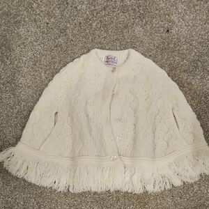 Vintage Blue Bird Kids Creamy White Knit Fabric poncho wrap shawl fringe size 5T